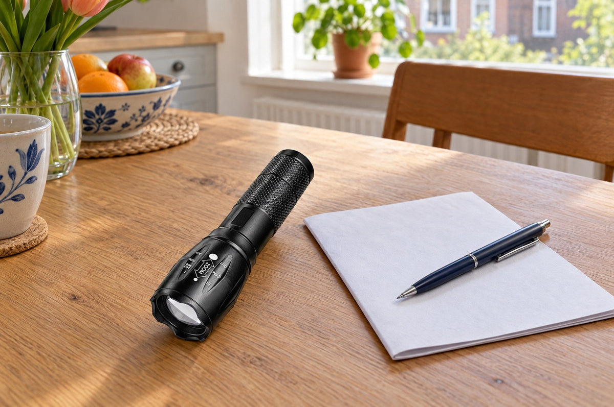 Zaklamp op de keukentafel naast een vel papier en een pen, klaar om het huisgenotenplan op te schrijven.
