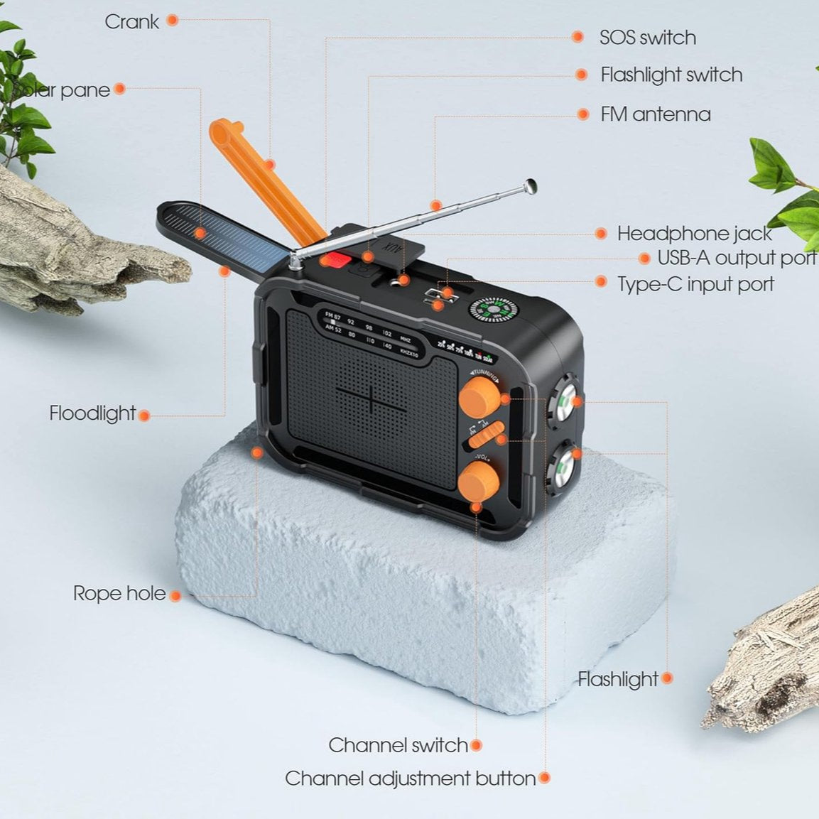 Premium Noodradio met zaklamp, handslinger, solar laden 4000mah