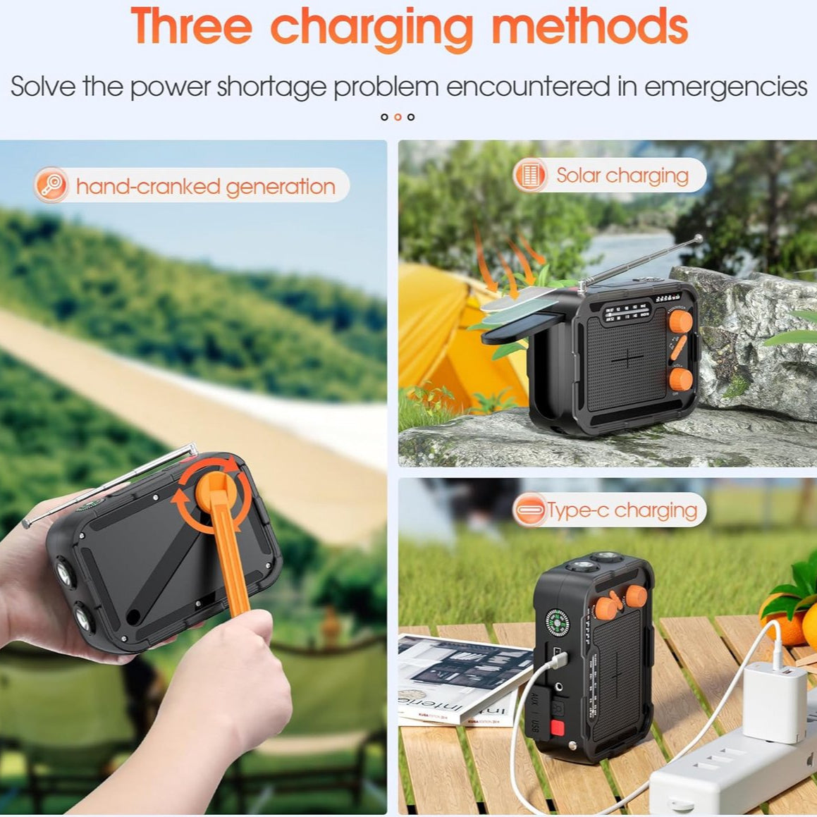 Premium Noodradio met zaklamp, handslinger, solar laden 4000mah