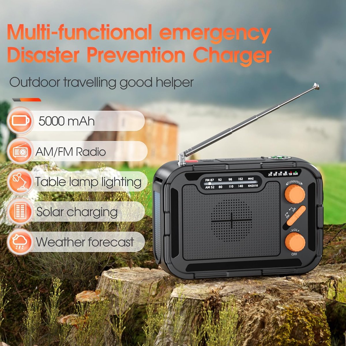 Premium Noodradio met zaklamp, handslinger, solar laden 4000mah