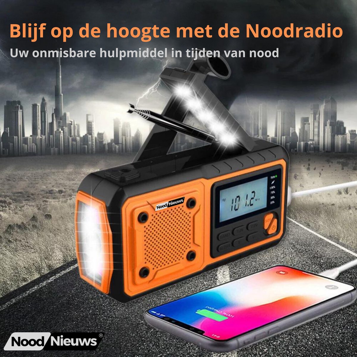 NoodNieuws Explorer – Draagbare Noodradio met Powerbank, Zonnepaneel en SOS-functie