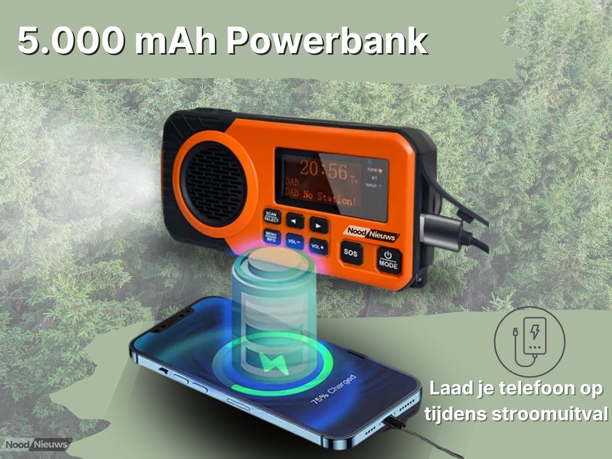 NoodNieuws - Draagbare Noodradio DAB+/FM met Zonnepaneel en Powerbank