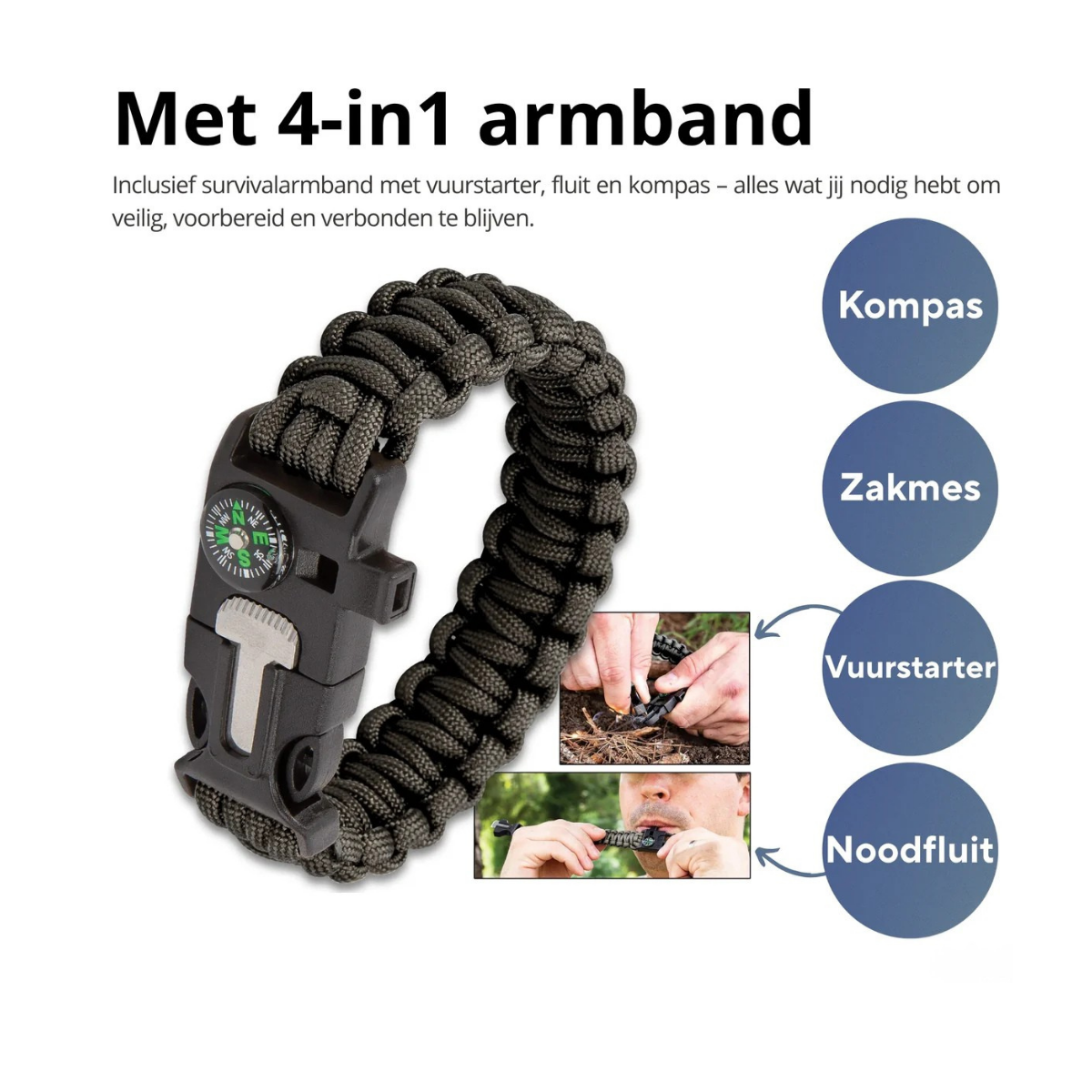 Survival Armband | 4-delige Noodarmband (kompas, vuurstarter, fluitje, mes, touw) - Paracord