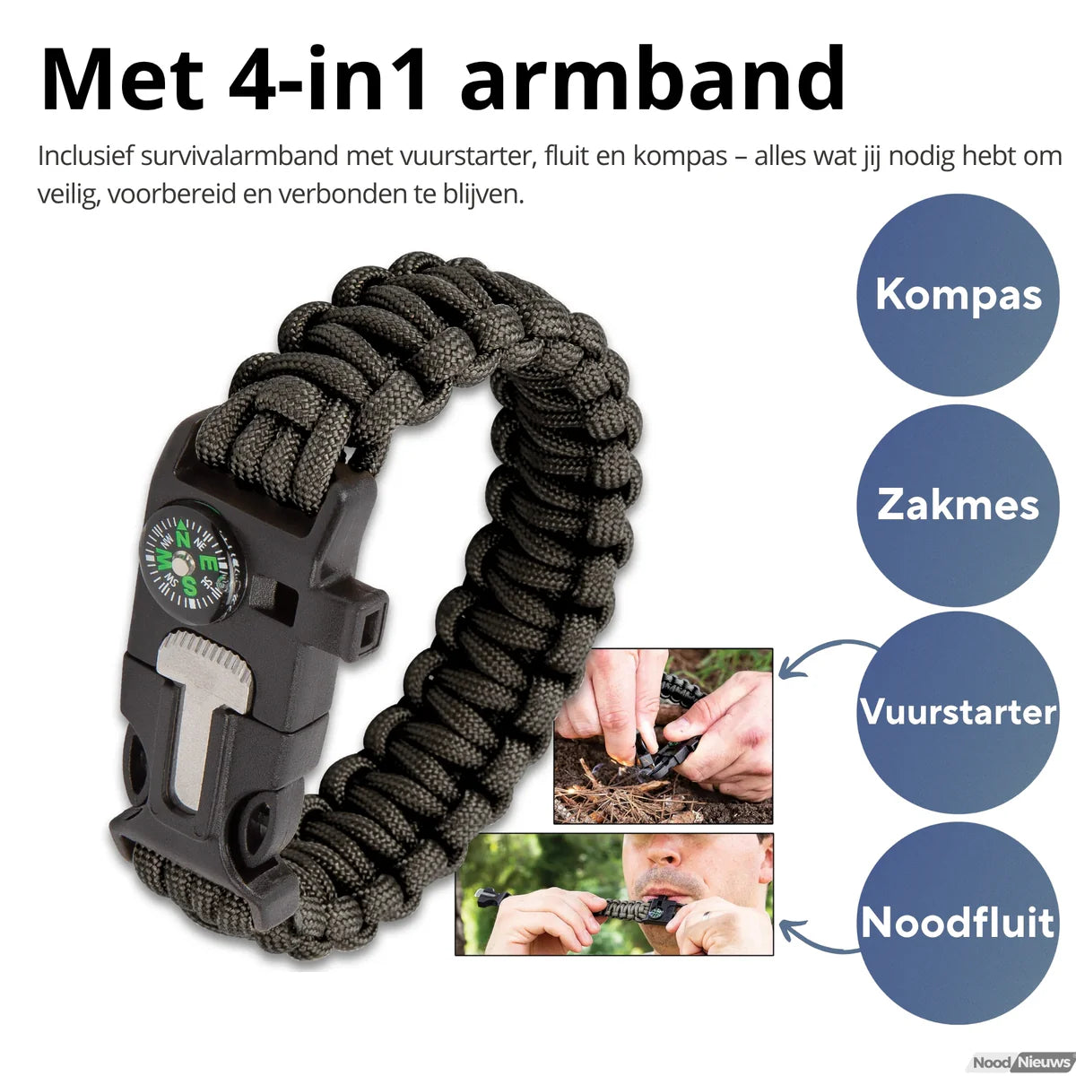 Survival Armband | 5-delige Noodarmband (kompas, vuurstarter, fluitje, mes, touw) - Paracord