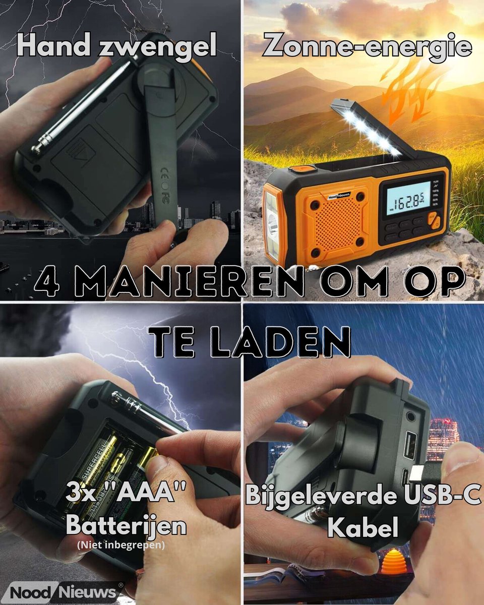 NoodNieuws Explorer – Draagbare Noodradio met Powerbank, Zonnepaneel en SOS-functie