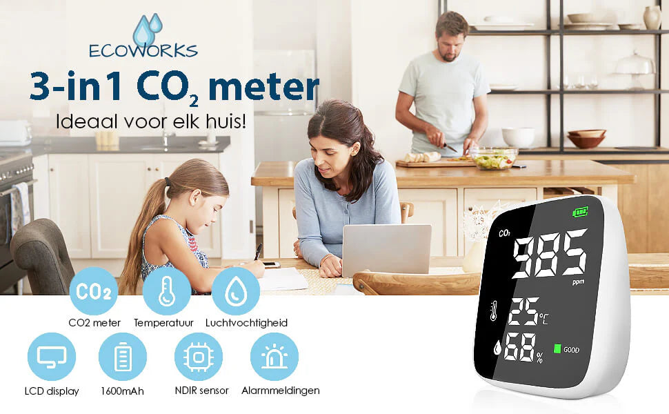Ecoworks Draadloze 3-in-1 CO2 Meter: Luchtkwaliteitsmeter & Monitor