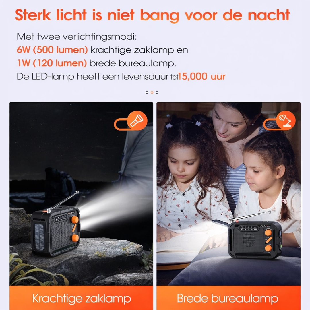 Premium Noodradio met zaklamp, handslinger, solar laden 4000mah