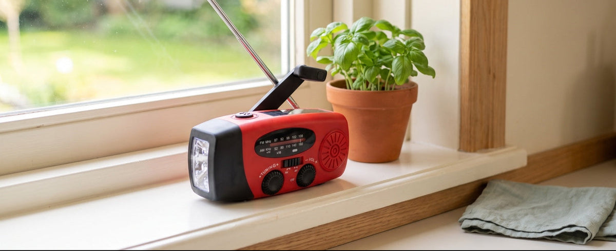 Noodradio op een keukenvensterbank in ochtendlicht