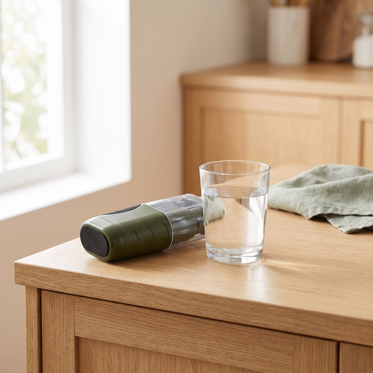 AquaDefender waterfilter naast een glas water op het aanrecht