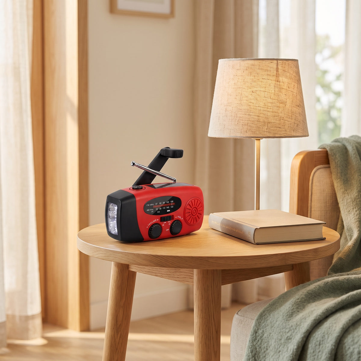 Noodradio op een bijzettafel naast een leeslamp