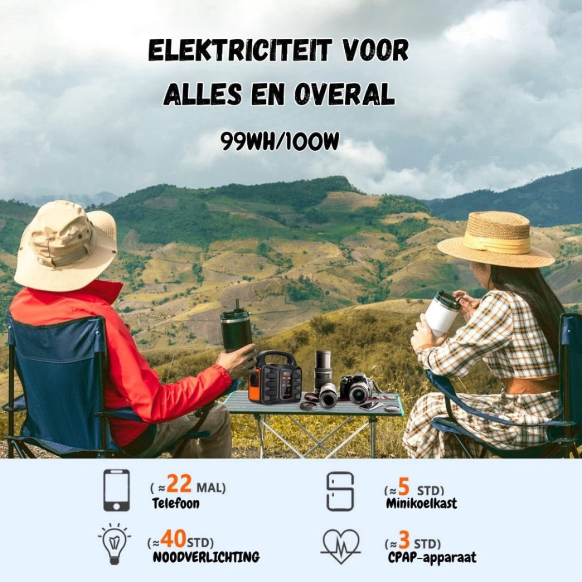 Draagbare Powerstation 99Wh (100W) – Powerbank met 230V stopcontact, zonnepaneel-oplaadbaar, ideaal voor camping & noodstroom