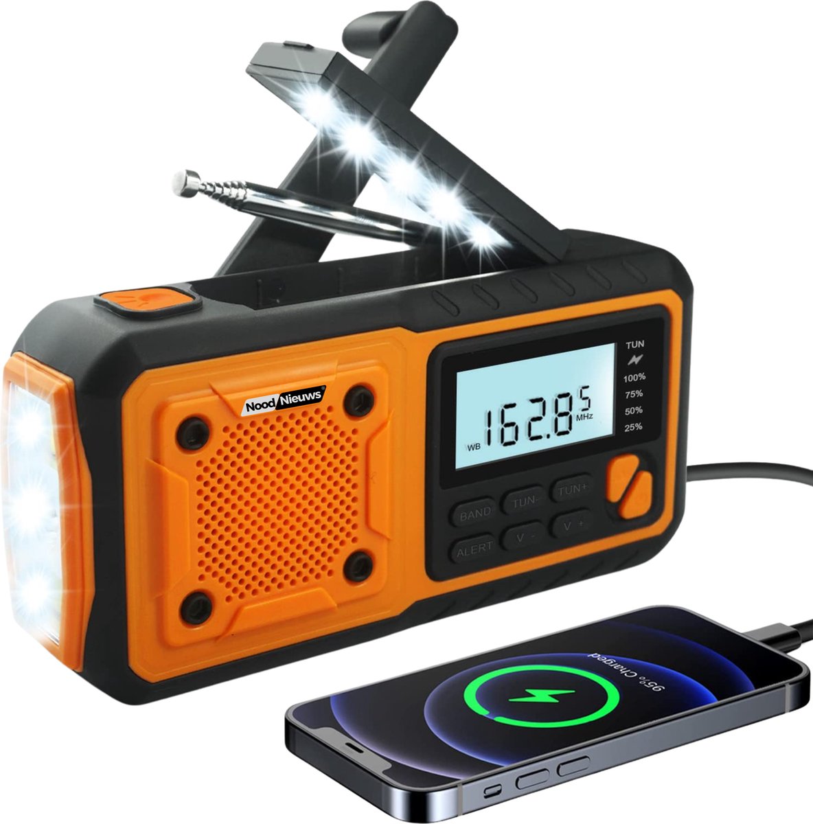NoodNieuws Explorer – Draagbare Noodradio met Powerbank, Zonnepaneel en SOS-functie