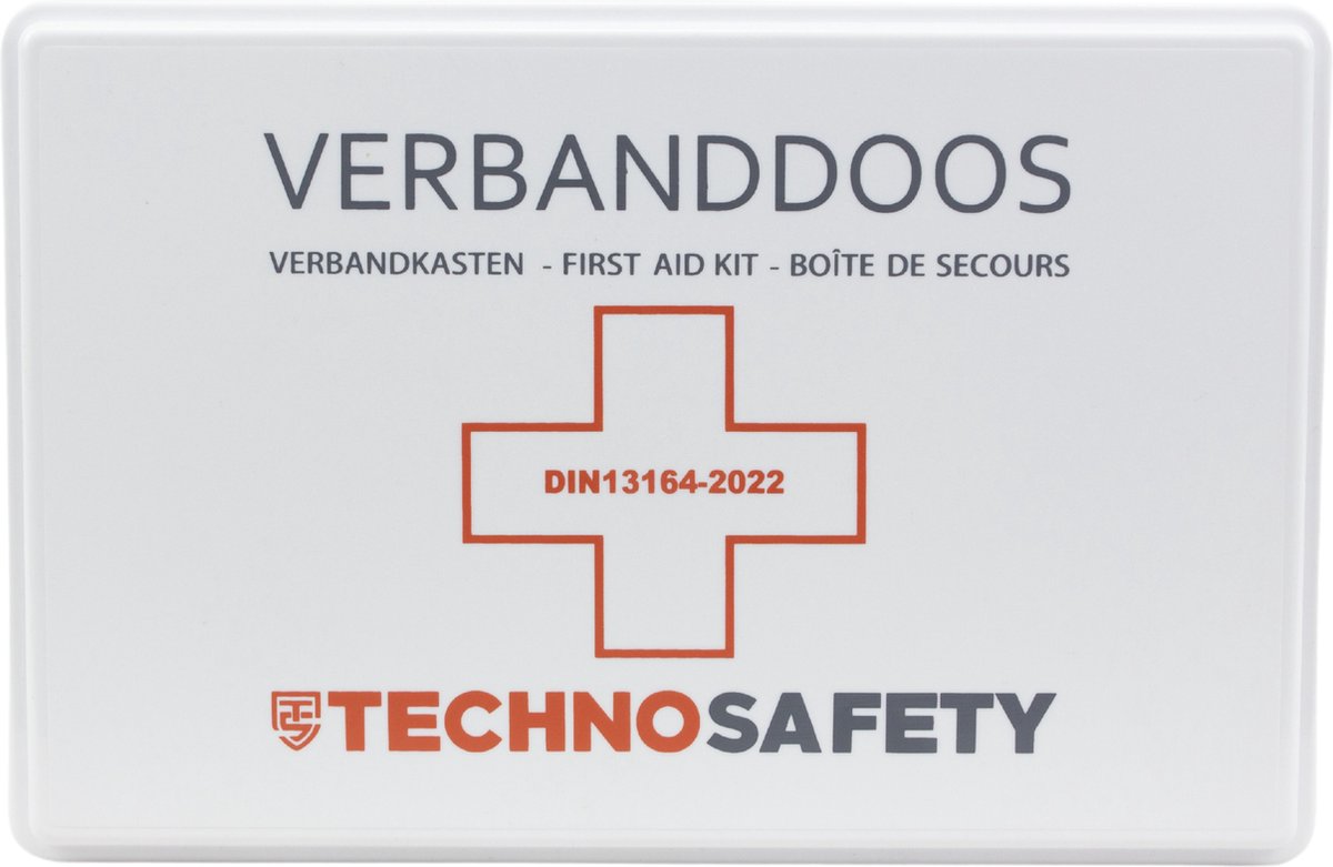 Technosafety Verbanddoos DIN13164-2022 + Wandhouder | Internationaal Goedgekeurde EHBO Set | Complete First Aid Kit met Verbandkast