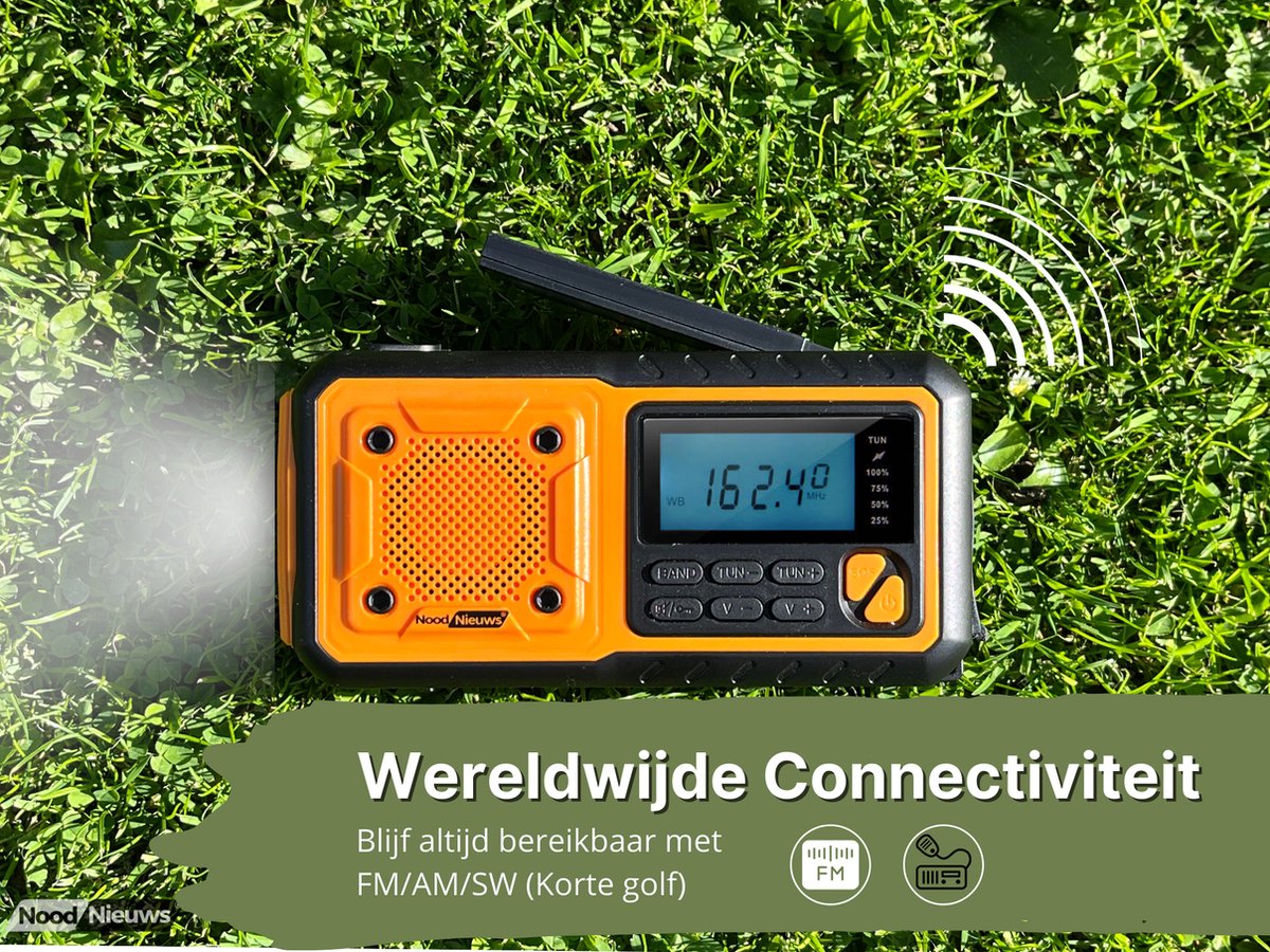 NoodNieuws Explorer – Draagbare Noodradio met Powerbank, Zonnepaneel en SOS-functie