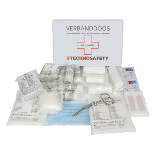 Technosafety Verbanddoos DIN13164-2022 + Wandhouder | Internationaal Goedgekeurde EHBO Set | Complete First Aid Kit met Verbandkast