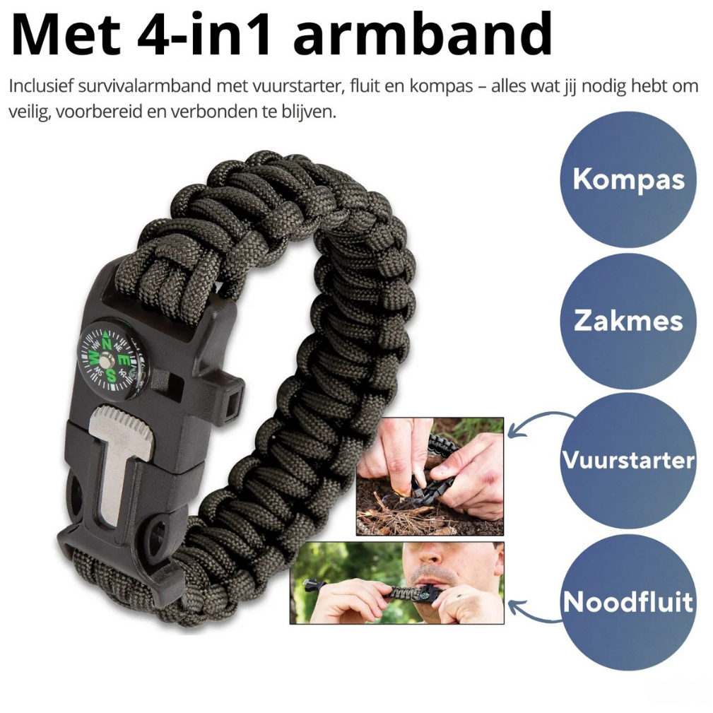 Survival Armband | 4-delige Noodarmband (kompas, vuurstarter, fluitje, mes, touw) - Paracord