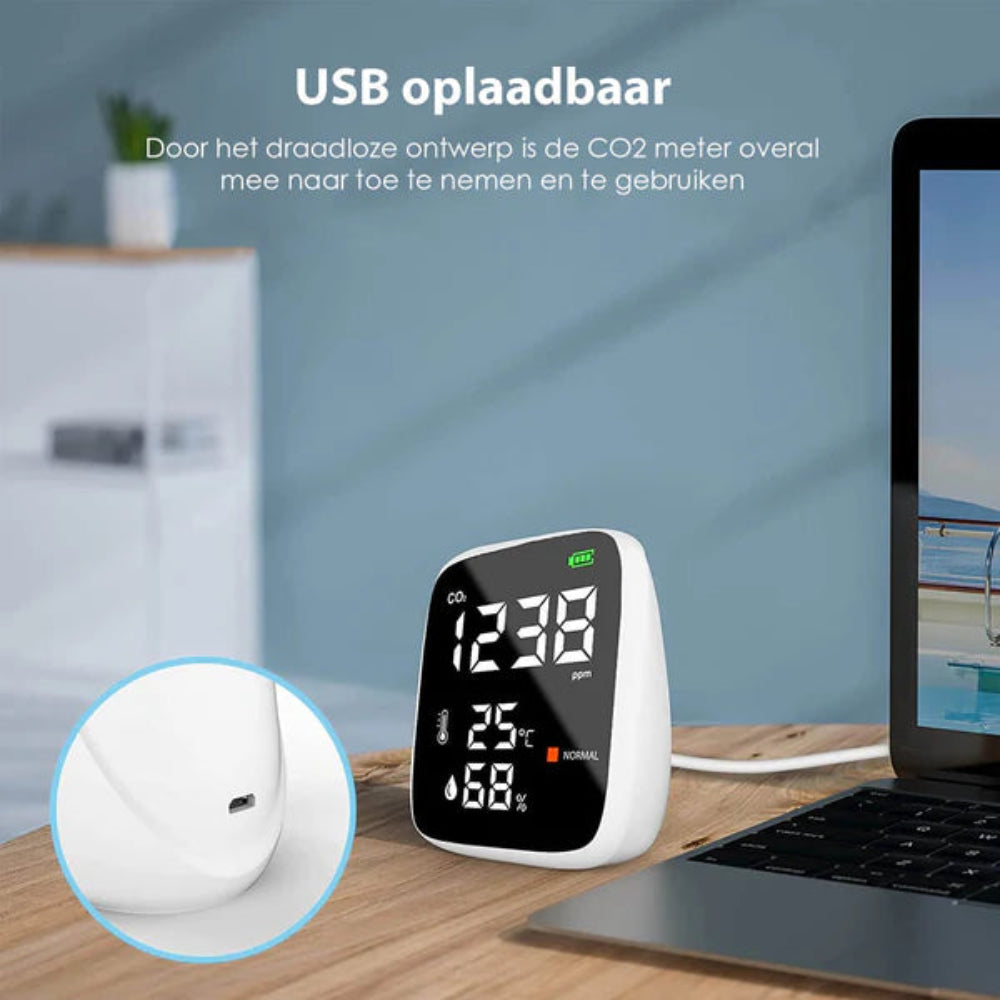 Ecoworks Draadloze 3-in-1 CO2 Meter: Luchtkwaliteitsmeter & Monitor