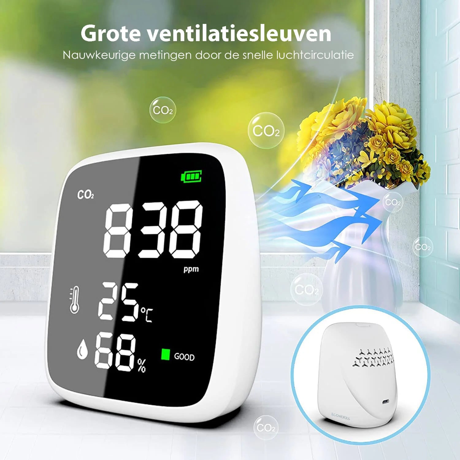 Ecoworks Draadloze 3-in-1 CO2 Meter: Luchtkwaliteitsmeter & Monitor