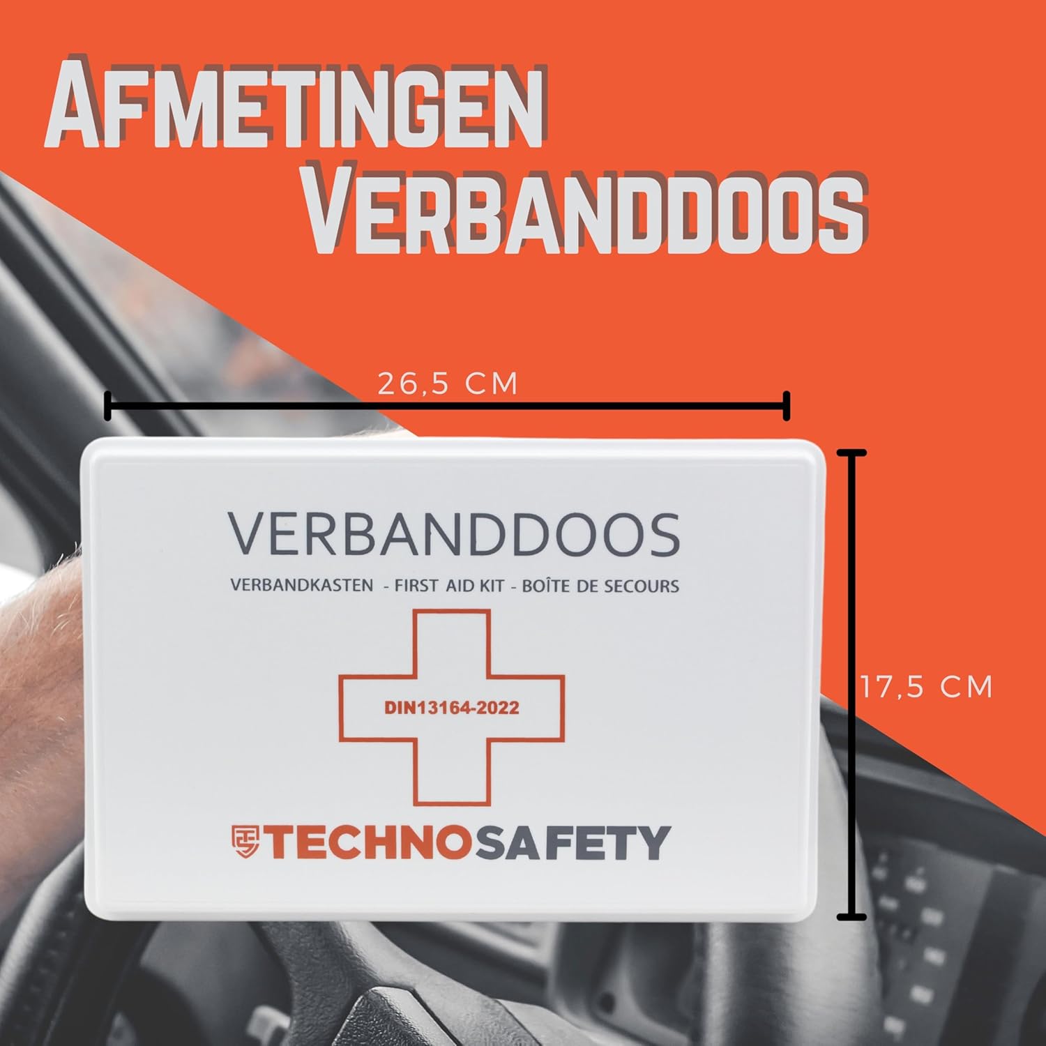 Technosafety Verbanddoos DIN13164-2022 + Wandhouder | Internationaal Goedgekeurde EHBO Set | Complete First Aid Kit met Verbandkast