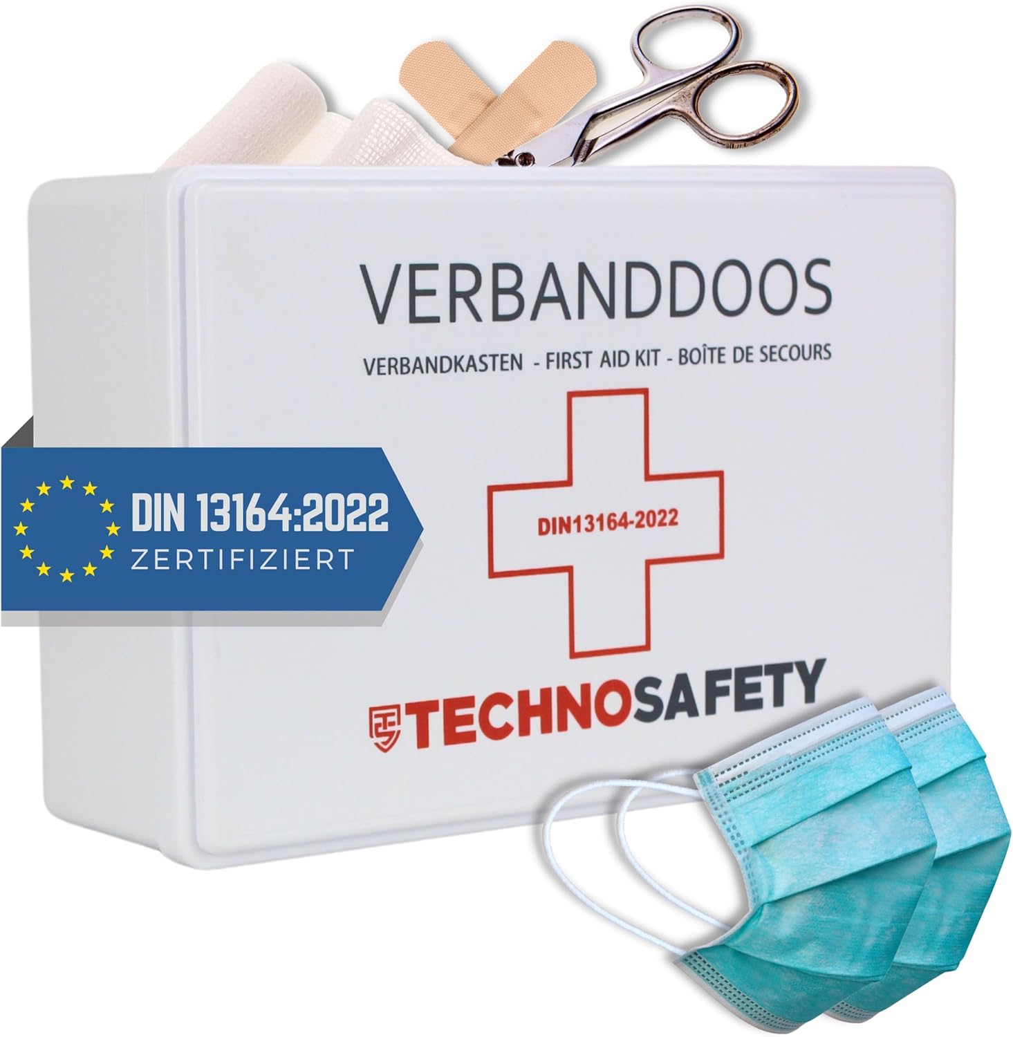 Technosafety Verbanddoos DIN13164-2022 + Wandhouder | Internationaal Goedgekeurde EHBO Set | Complete First Aid Kit met Verbandkast