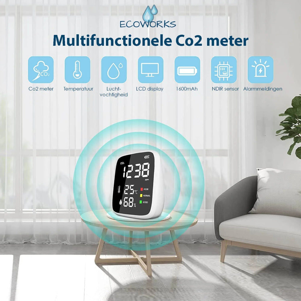 Ecoworks Draadloze 3-in-1 CO2 Meter: Luchtkwaliteitsmeter & Monitor