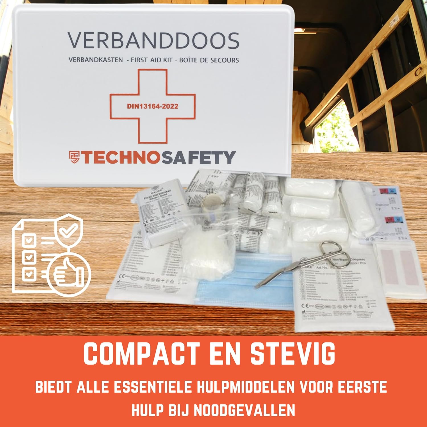 Technosafety Verbanddoos DIN13164-2022 + Wandhouder | Internationaal Goedgekeurde EHBO Set | Complete First Aid Kit met Verbandkast