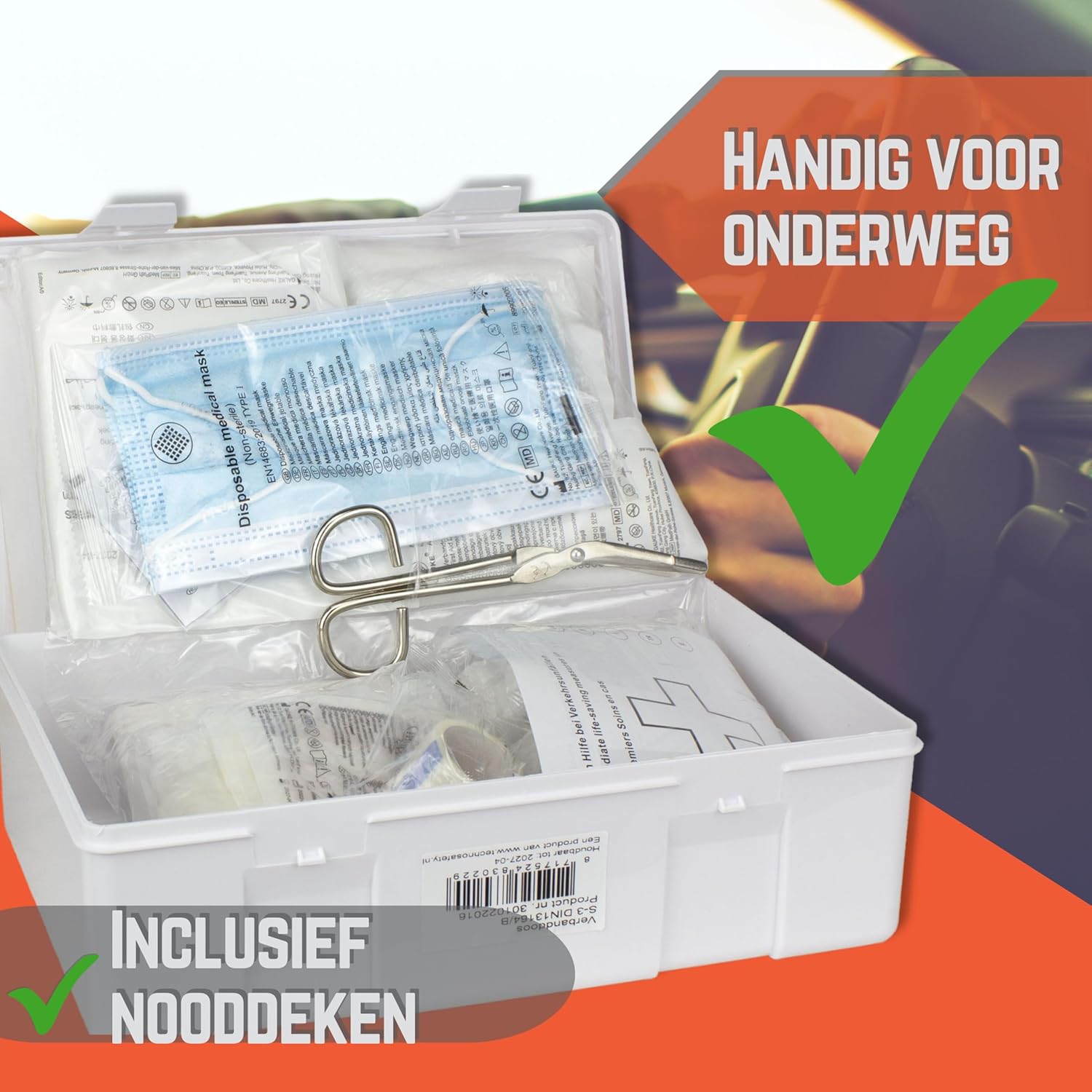 Technosafety Verbanddoos DIN13164-2022 + Wandhouder | Internationaal Goedgekeurde EHBO Set | Complete First Aid Kit met Verbandkast