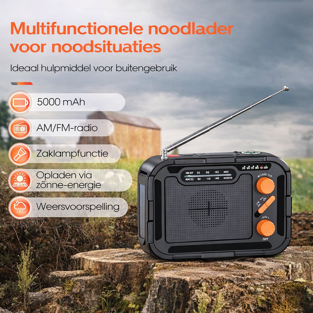 Premium Noodradio met zaklamp, handslinger, solar laden 4000mah