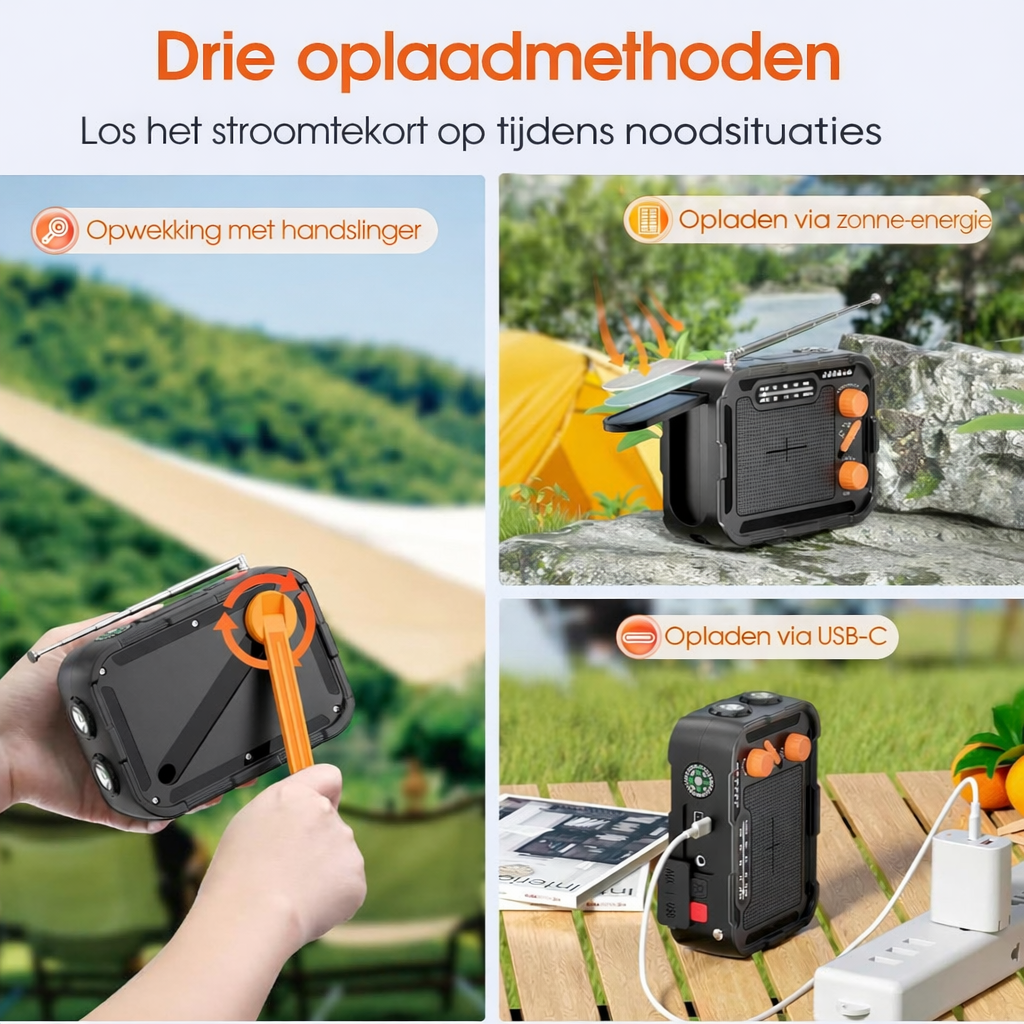 Premium Noodradio met zaklamp, handslinger, solar laden 4000mah