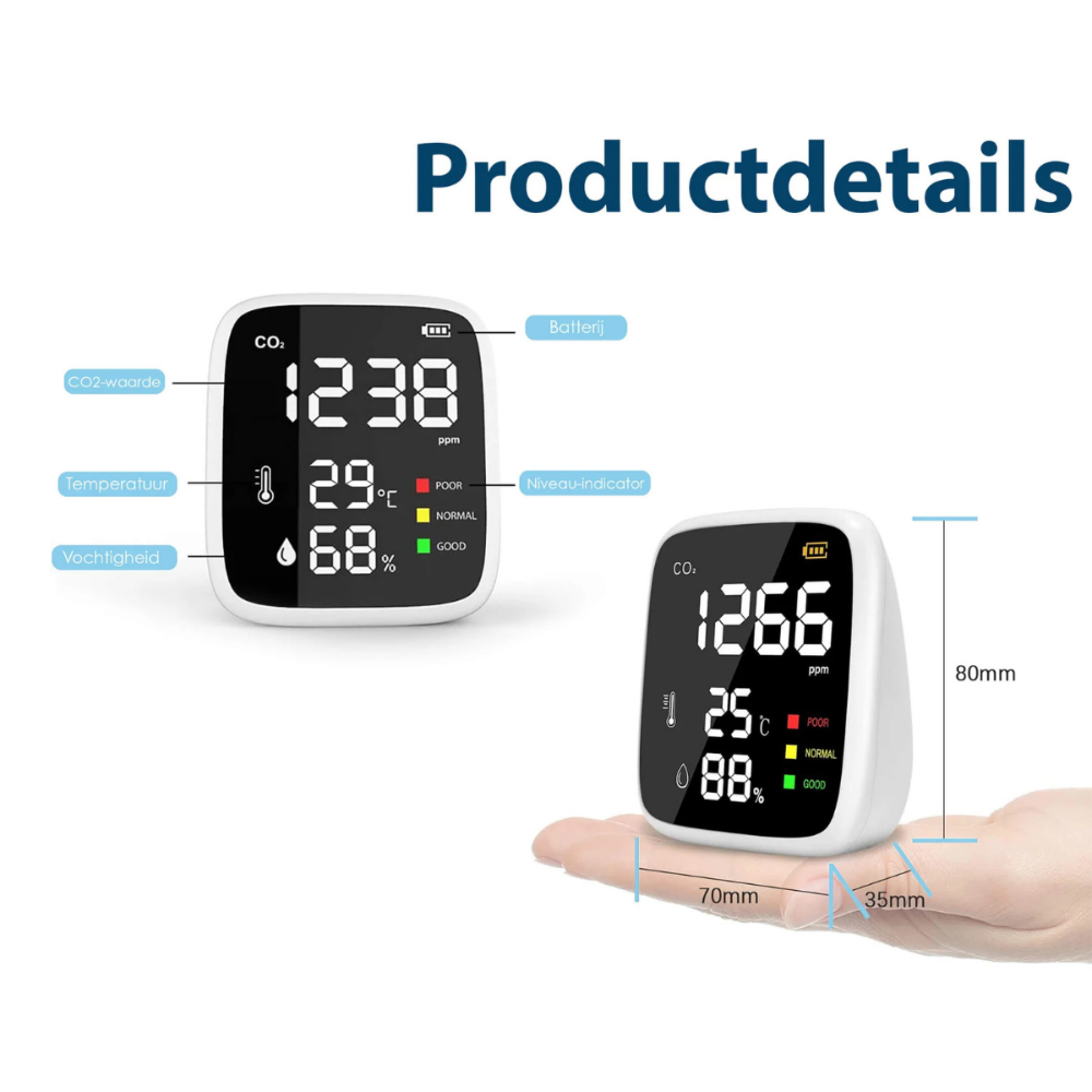 Ecoworks Draadloze 3-in-1 CO2 Meter: Luchtkwaliteitsmeter & Monitor