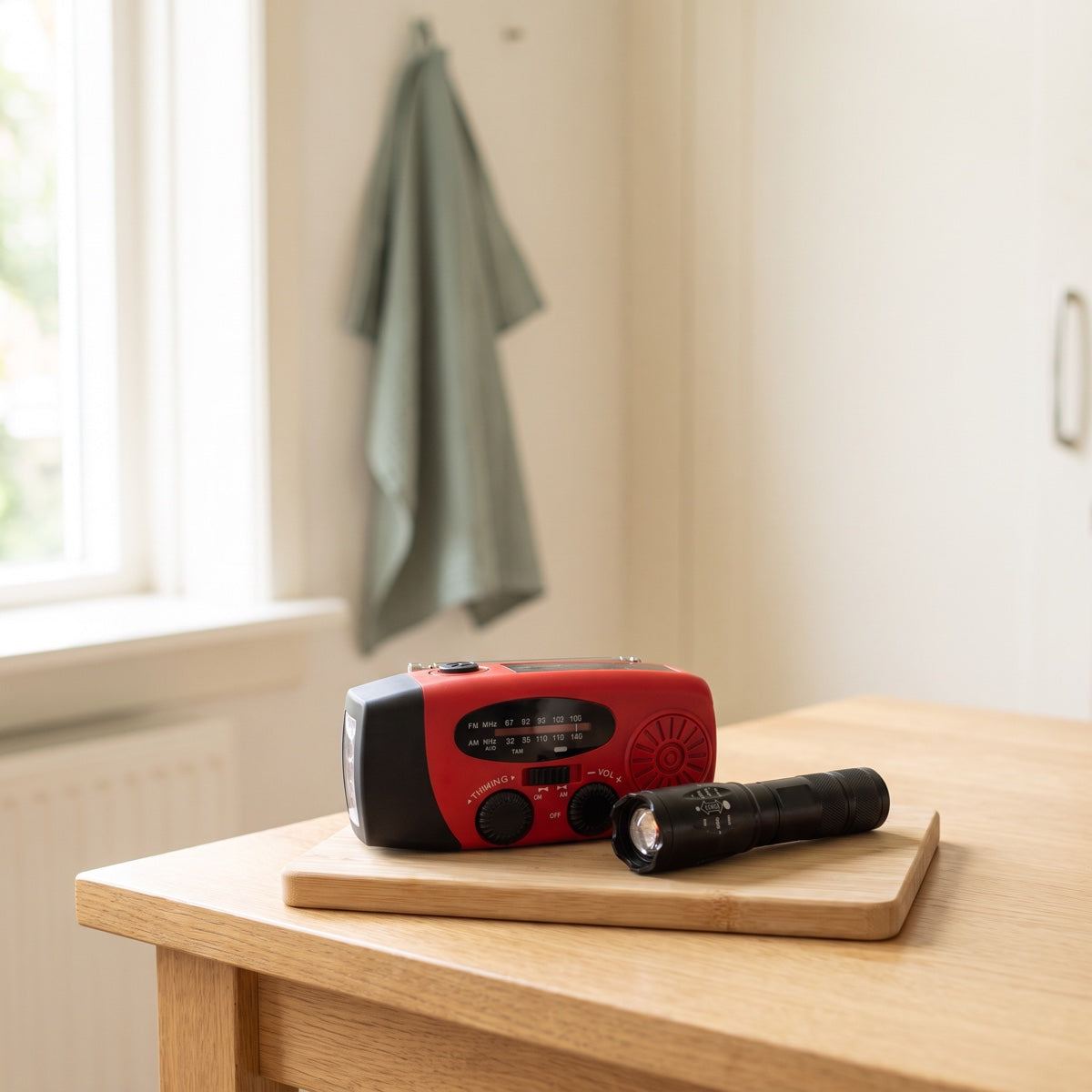 Noodradio en multitool op een houten snijplank