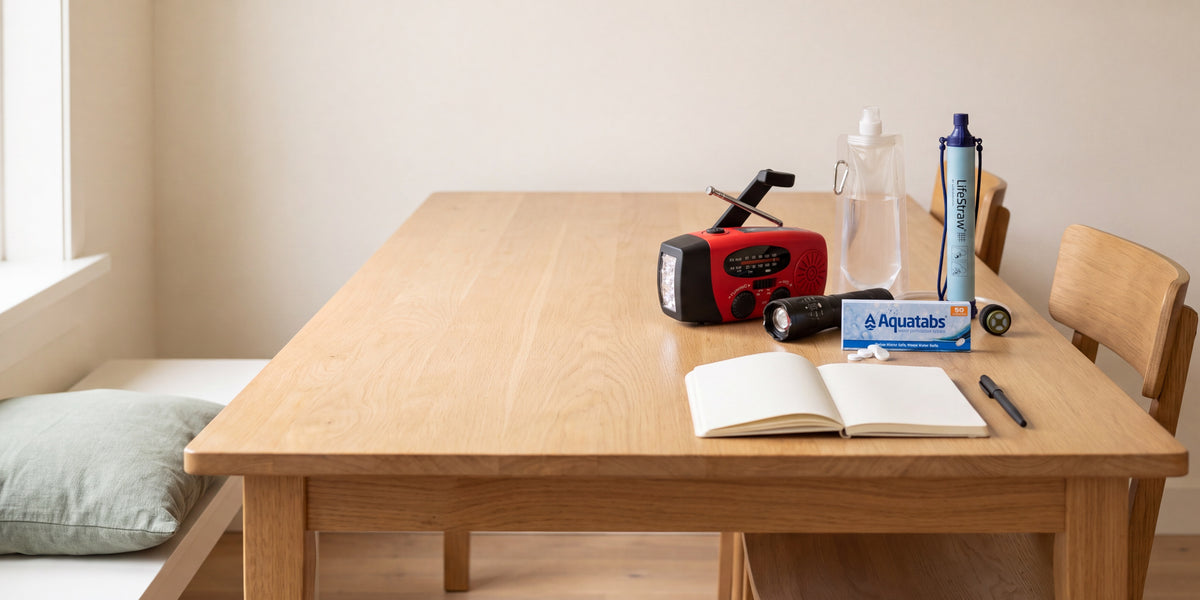 Noodpakket uitgestald op een keukentafel met notitieboek