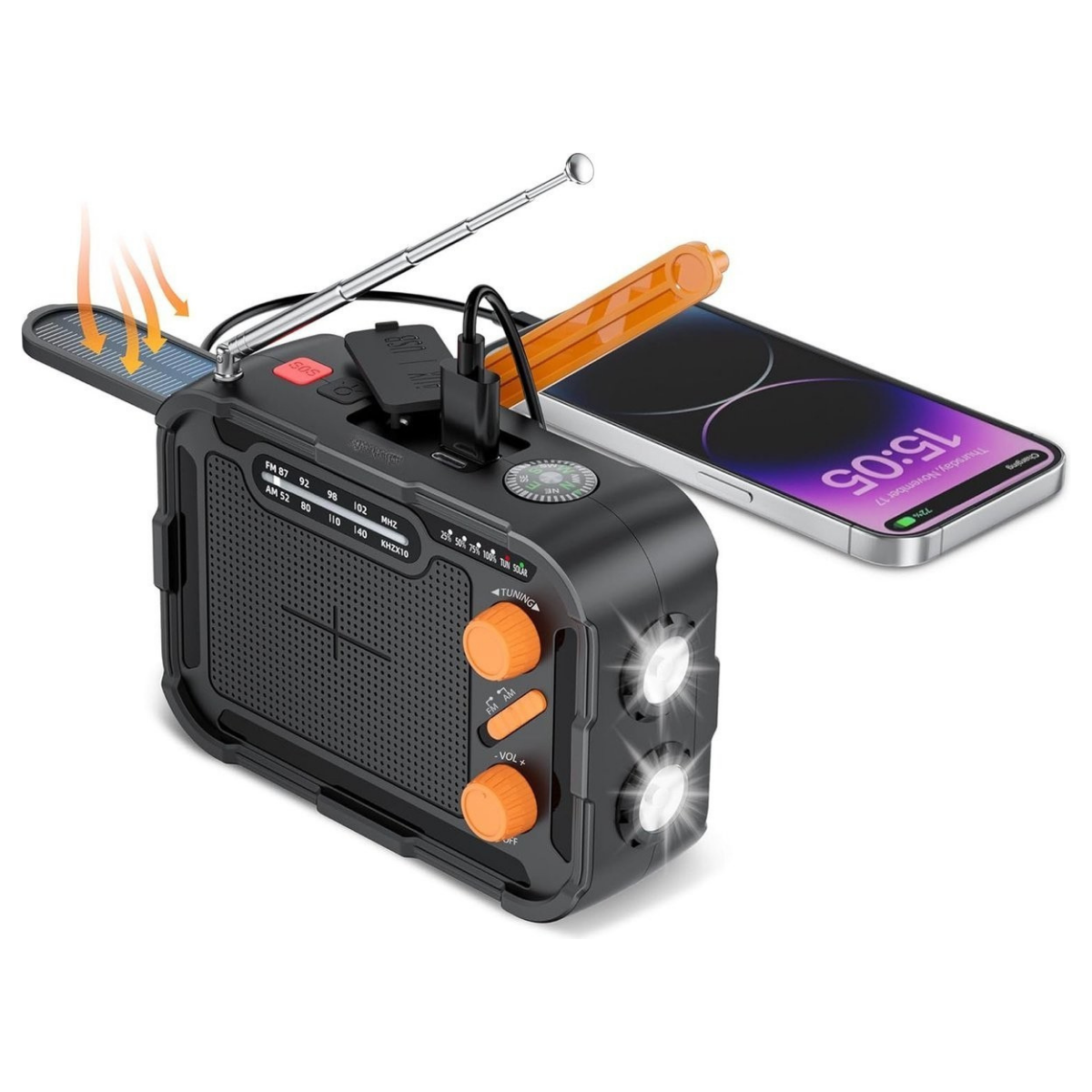 Premium Noodradio met zaklamp, handslinger, solar laden 4000mah
